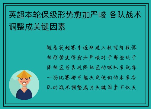 英超本轮保级形势愈加严峻 各队战术调整成关键因素